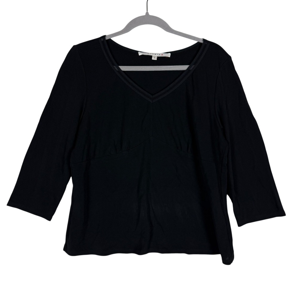 Studio M Blouse Womens Large Black V Neck 3/4 Sleeve Stretch Jersey Casual Top